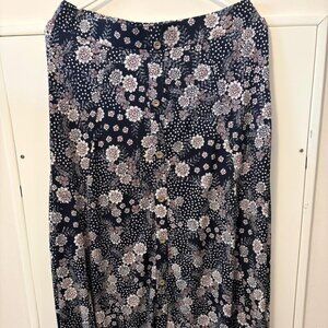 Floral Button Front Midi Skirt — Navy, Size M